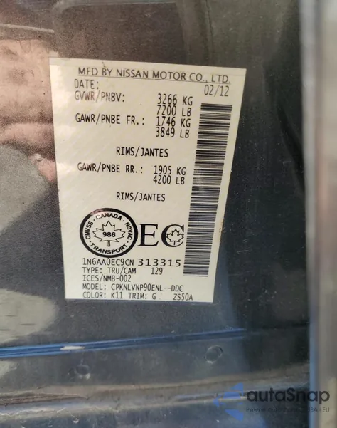 2012 Nissan Titan Pro-4X/S/Sl/Sv из США, поврежденный, VIN 1N6AA0EC9CN313315